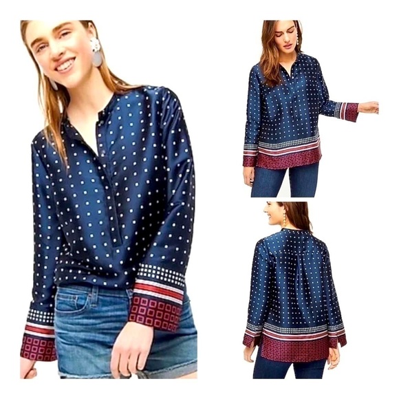 J Crew Drapey In Ratti Blue Red Geometric Print Long Sleeve High Low Tunic - Picture 1 of 16